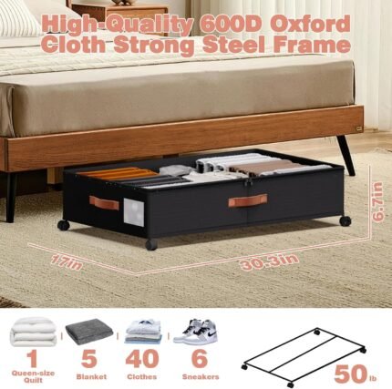 Under Bed Storage with Wheels - Rolling Underbed Containers with PVC Clear Lid & Dividers