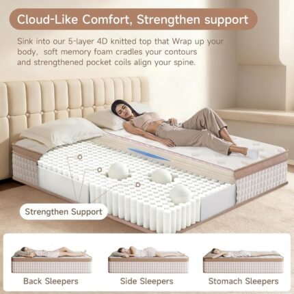 Queen Mattress 12 Inch in a Box, Medium Firm Feel Hybrid Queen Size Mattress, CertiPUR-US® Certified Memory Foam&Pocket Spring, Extra Lumbar & Shoulder Support for Pain Relief, 80''L x 60''W